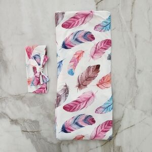 Colorful Feather Print Swaddle and Headband Set